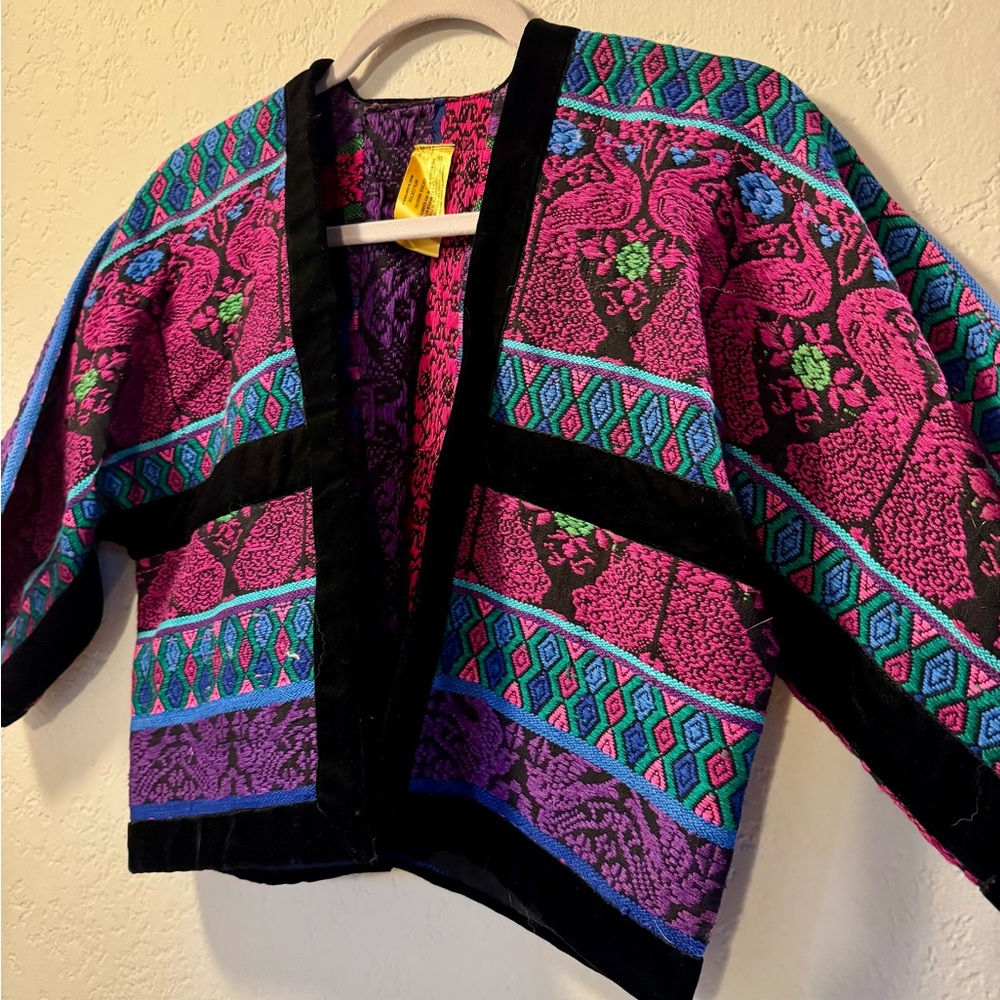 Vintage Cottage Industry Guatemalan Tapestry Jacket Cropped Open Front - Picture 3 of 5